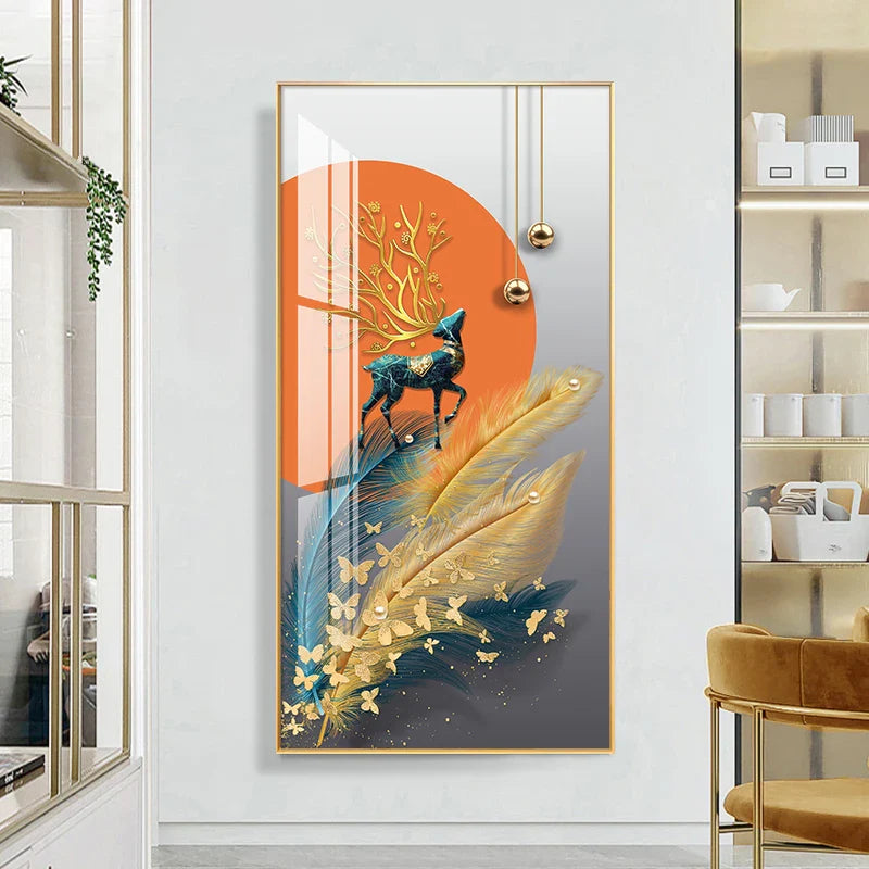 Auspicious Abstract Golden Feather Deer Landscape Wall Art Fine Art Canvas Prints Pictures For Living Room Entrance Foyer Light Luxury Home Decor | Bowlift