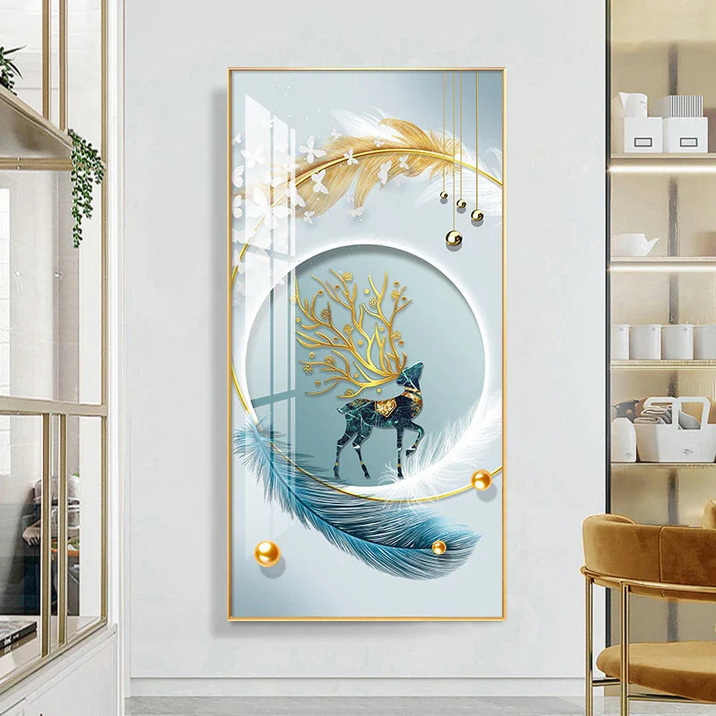Auspicious Abstract Golden Feather Deer Landscape Wall Art Fine Art Canvas Prints Pictures For Living Room Entrance Foyer Light Luxury Home Decor | Bowlift