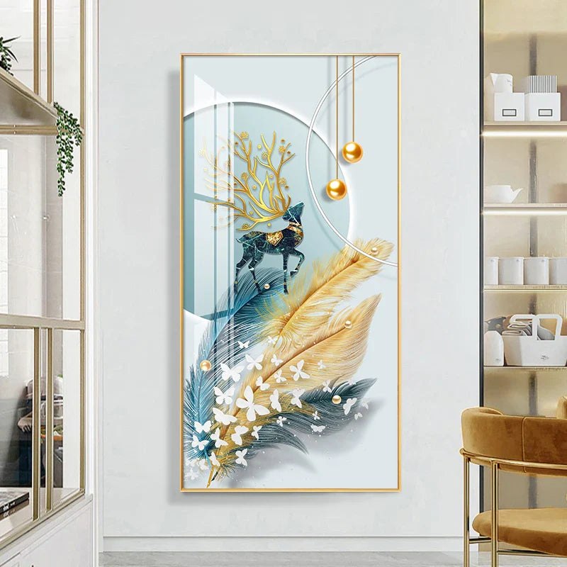 Auspicious Abstract Golden Feather Deer Landscape Wall Art Fine Art Canvas Prints Pictures For Living Room Entrance Foyer Light Luxury Home Decor | Bowlift