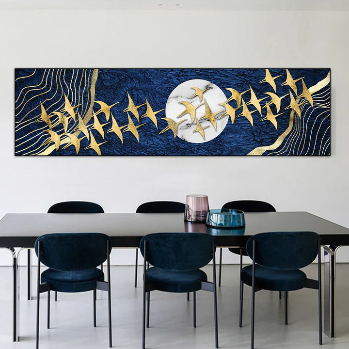 Auspicious Golden Birds In The Moon Wall Art Fine Art Canvas Print Modern Wide Format Picture For Above The Sofa Art For Above The Bed | Bowlift