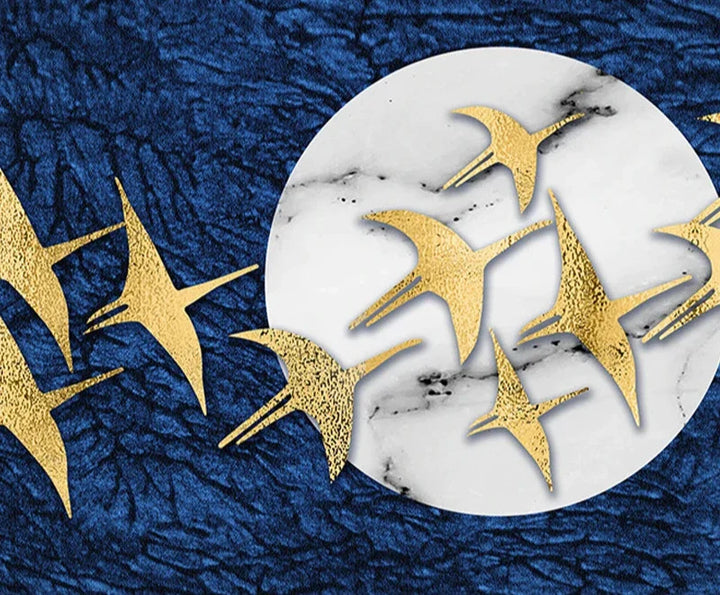 Auspicious Golden Birds In The Moon Wall Art Fine Art Canvas Print Modern Wide Format Picture For Above The Sofa Art For Above The Bed | Bowlift