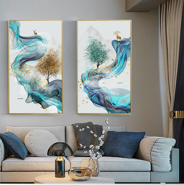 Auspicious Golden Deer Flowing Abstract Landscape Wall Art Fine Art Canvas Prints Inspirational Pictures For Living Room Dining Room Art Decor | Bowlift