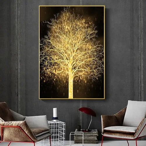 Auspicious Golden Tree Wall Art Fine Art Canvas Print Picture For Light Luxury Living Room Entrance Foyer Modern Home Office Art Decor | Bowlift