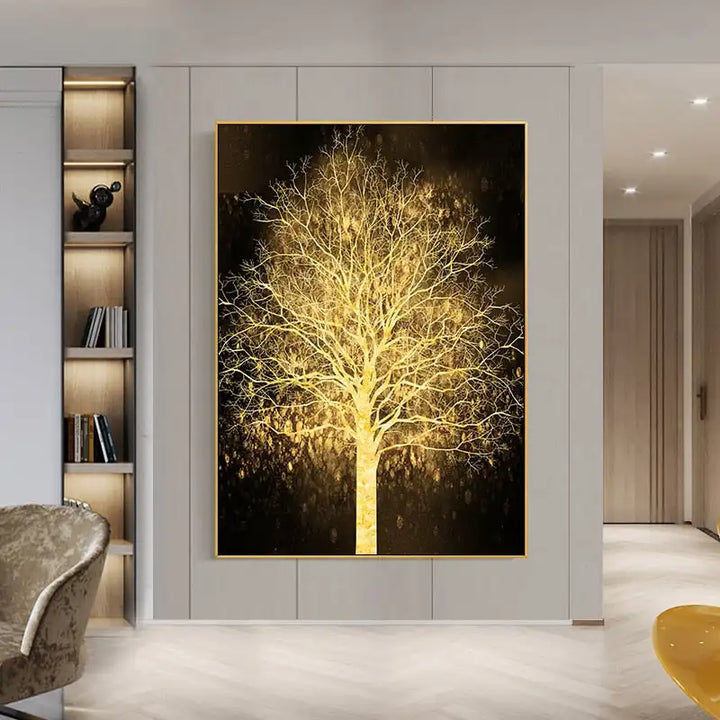 Auspicious Golden Tree Wall Art Fine Art Canvas Print Picture For Light Luxury Living Room Entrance Foyer Modern Home Office Art Decor | Bowlift