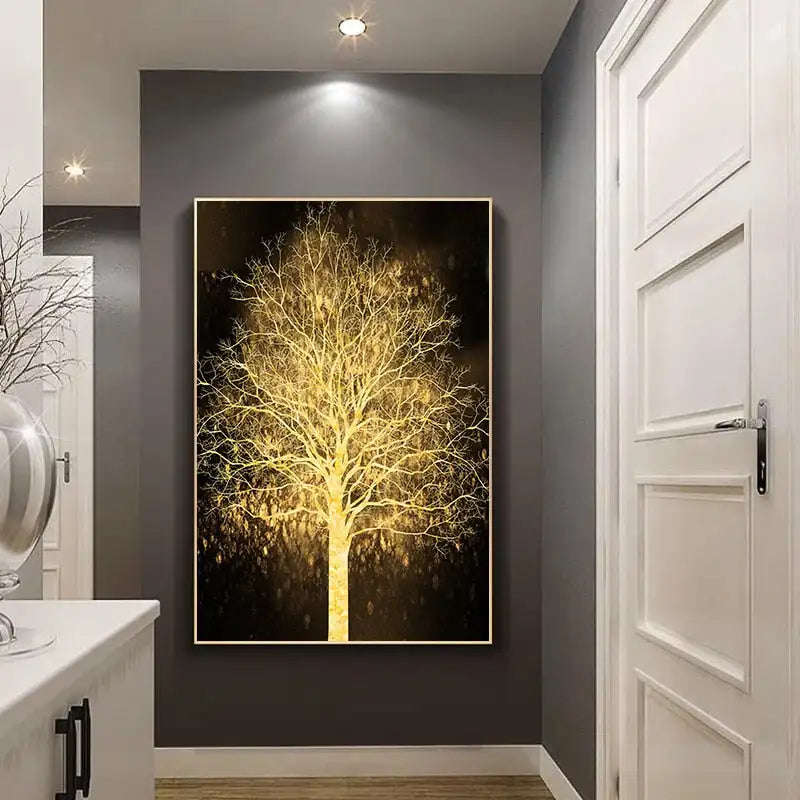 Auspicious Golden Tree Wall Art Fine Art Canvas Print Picture For Light Luxury Living Room Entrance Foyer Modern Home Office Art Decor | Bowlift
