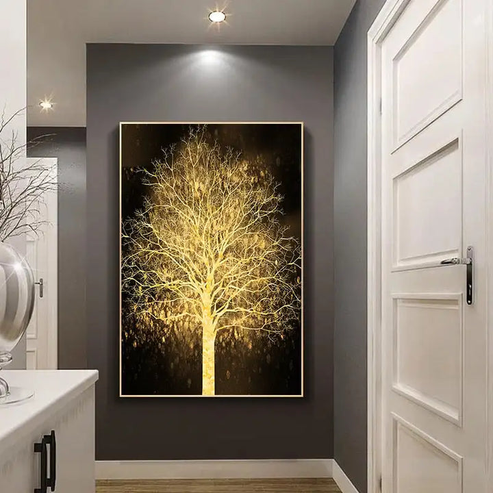 Auspicious Golden Tree Wall Art Fine Art Canvas Print Picture For Light Luxury Living Room Entrance Foyer Modern Home Office Art Decor | Bowlift