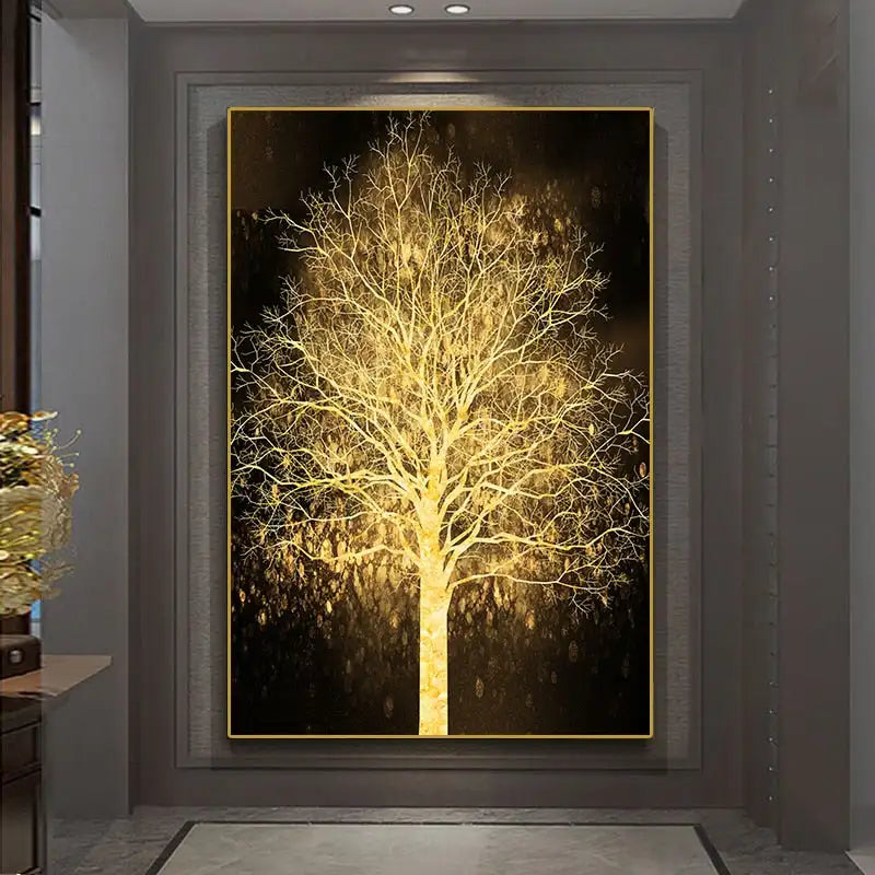 Auspicious Golden Tree Wall Art Fine Art Canvas Print Picture For Light Luxury Living Room Entrance Foyer Modern Home Office Art Decor | Bowlift
