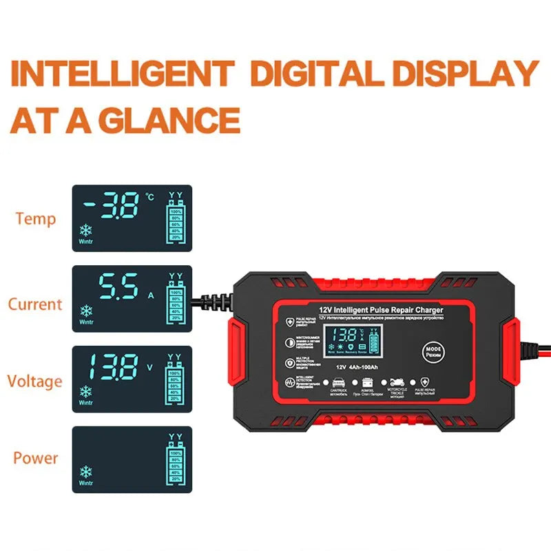 BowLift | 12V 6A Smart Car Battery Charger | Pulse Repair, LCD Display & Fast Charging for AGM, Gel & Lead-Acid Batteries