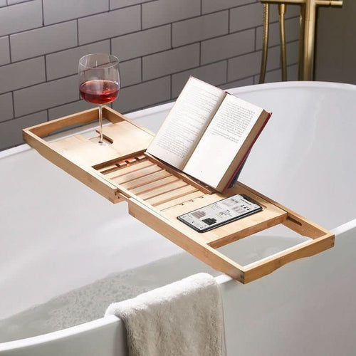 BowLift | Solavera Bamboo Relax Tray | Extendable Bathtub Tray | Sustainable & Elegant | With Glass & Book Holder for Spa Enjoyment at Home