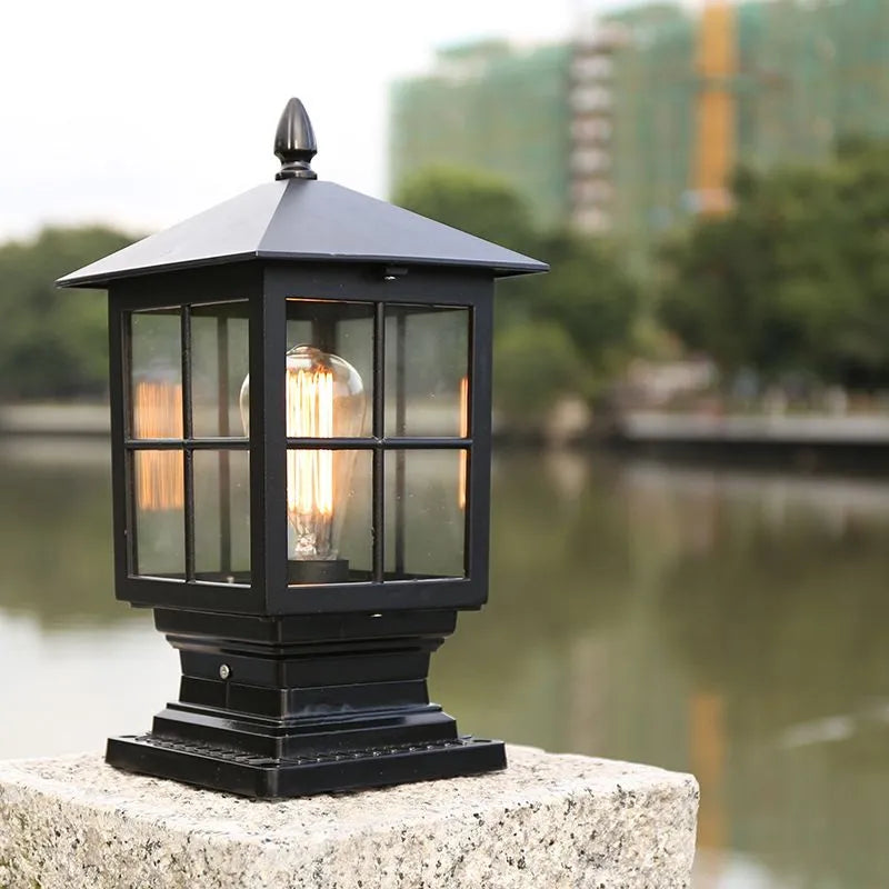 Weatherproof Outdoor Lantern on Pillar in Black Metal | Bowlift