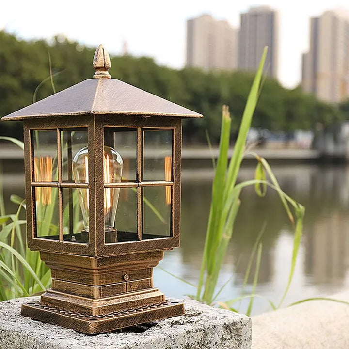 Weatherproof outdoor lantern on column in black metal | Bowlift