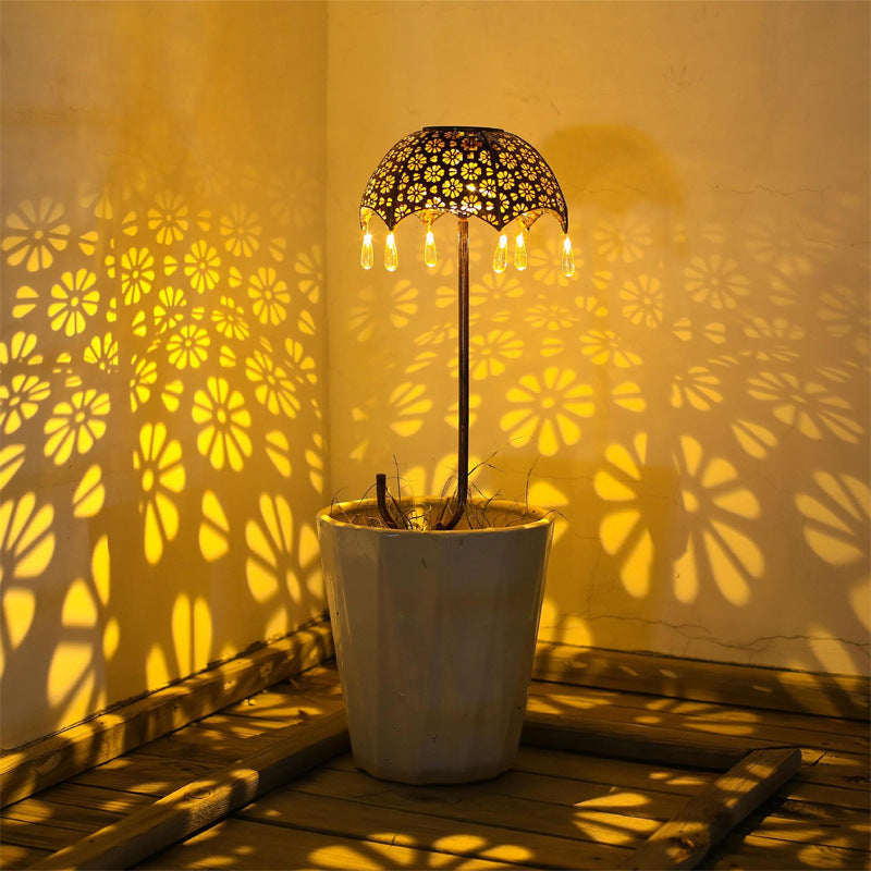 Modern Art Deco Solar Waterproof Umbrella Iron LED Ground Plug Outdoor Light For Garden | Bowlift