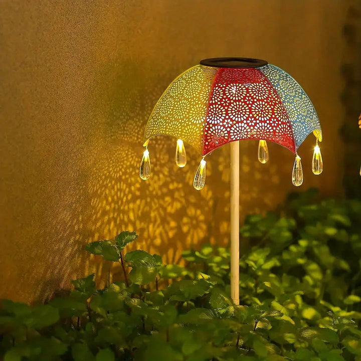 Modern Art Deco Solar Waterproof Umbrella Iron LED Ground Plug Outdoor Light For Garden | Bowlift
