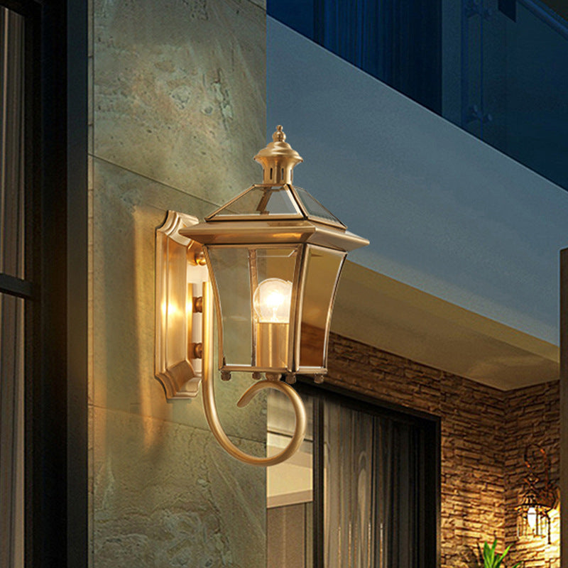 Traditional European Quadrangle Candle Holder Copper Frame Glass Shade 1-Light Wall Sconce Lamp For Garden | Bowlift