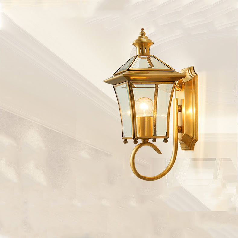 Traditional European Quadrangle Candle Holder Copper Frame Glass Shade 1-Light Wall Sconce Lamp For Garden | Bowlift