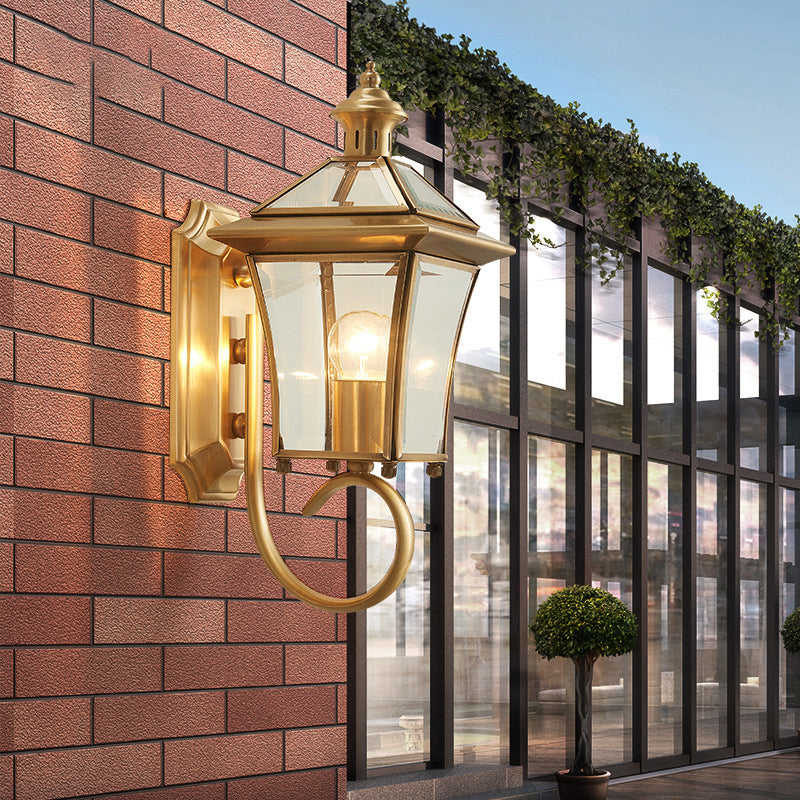Traditional European Quadrangle Candle Holder Copper Frame Glass Shade 1-Light Wall Sconce Lamp For Garden | Bowlift