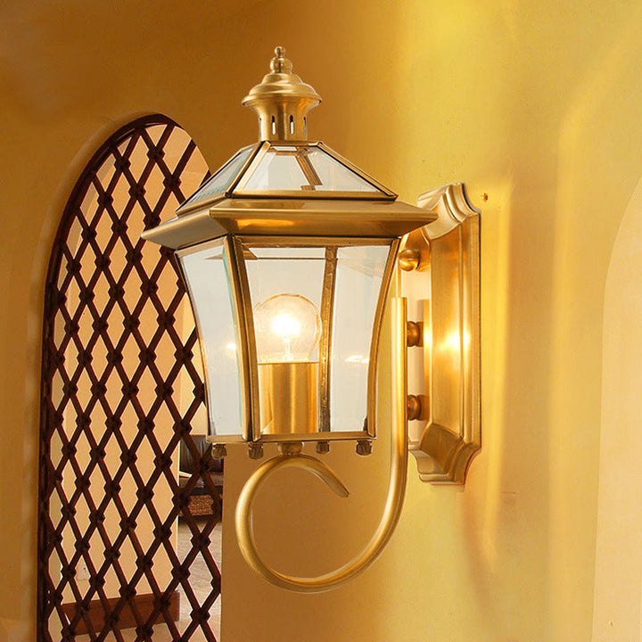 Traditional European Quadrangle Candle Holder Copper Frame Glass Shade 1-Light Wall Sconce Lamp For Garden | Bowlift