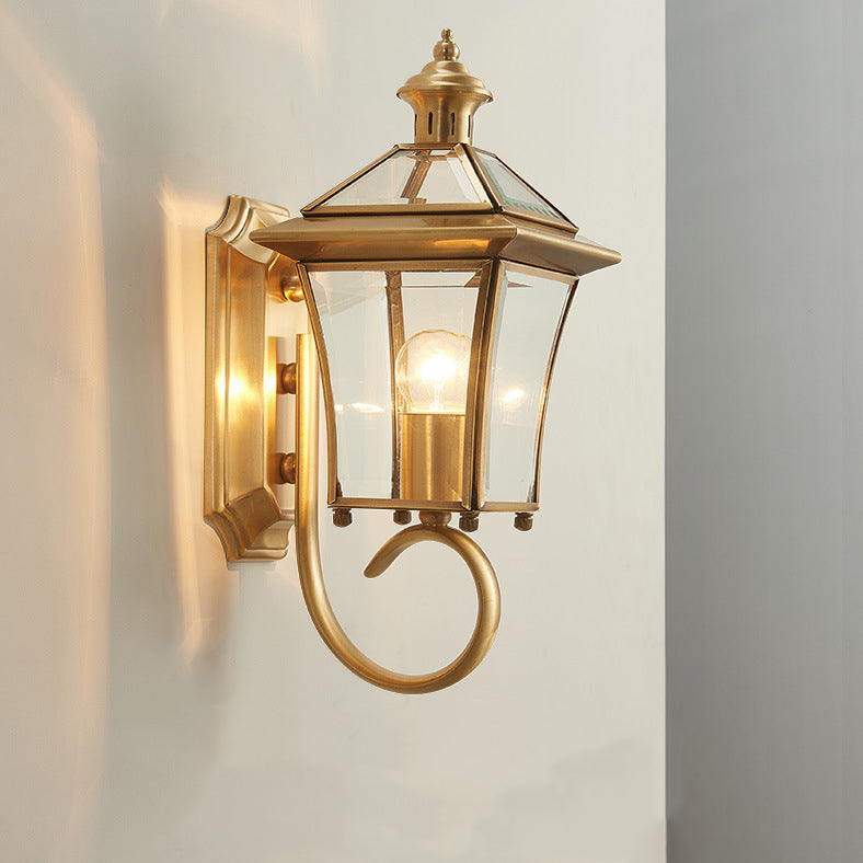 Traditional European Quadrangle Candle Holder Copper Frame Glass Shade 1-Light Wall Sconce Lamp For Garden | Bowlift