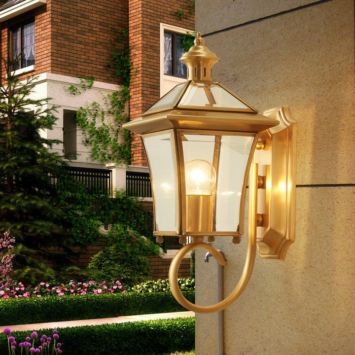 Traditional European Quadrangle Candle Holder Copper Frame Glass Shade 1-Light Wall Sconce Lamp For Garden | Bowlift
