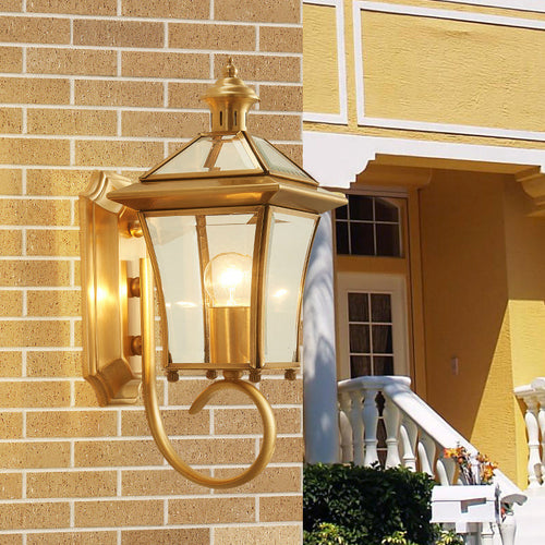 Traditional European Quadrangle Candle Holder Copper Frame Glass Shade 1-Light Wall Sconce Lamp For Garden | Bowlift