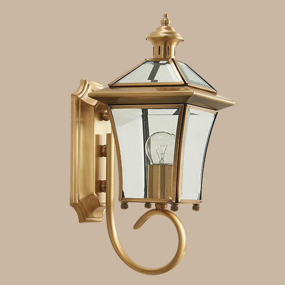 Traditional European Quadrangle Candle Holder Copper Frame Glass Shade 1-Light Wall Sconce Lamp For Garden | Bowlift