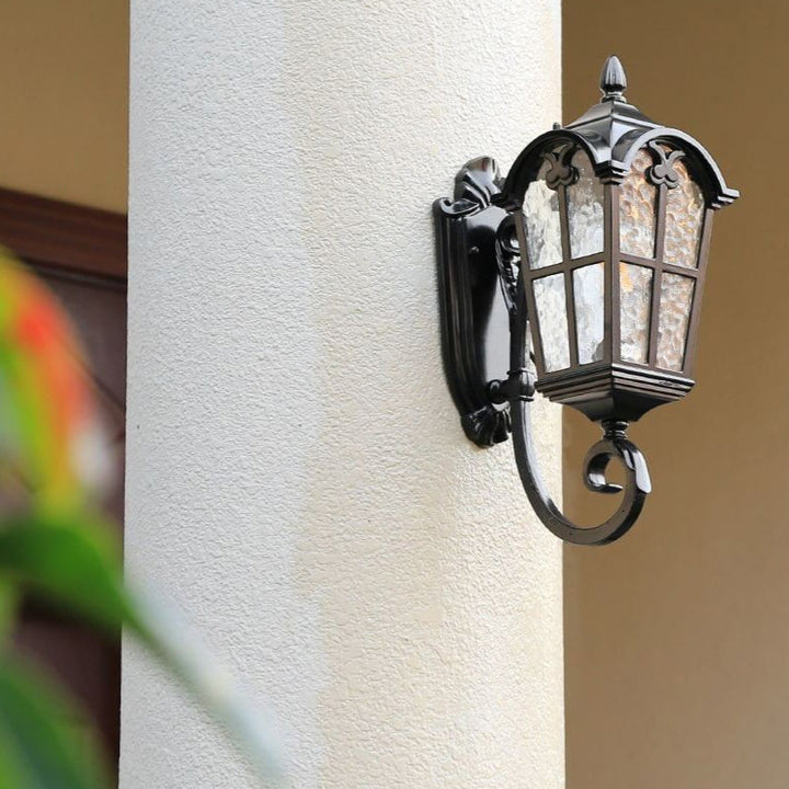 Traditional European Quadrilateral Lace Aluminum Printed Glass 1-Light Outdoor Wall Sconce Lamp For Garden | Bowlift
