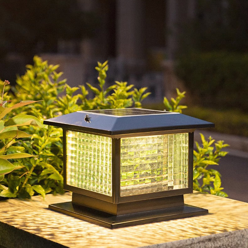 Modern Minimalist Solar Waterproof Rectangular Diamond Stripe Glass Shade Aluminum Frame LED Post Head Light For Garden | Bowlift