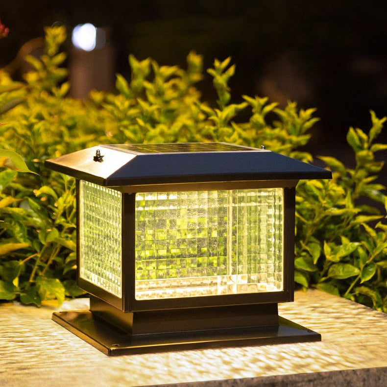 Modern Minimalist Solar Waterproof Rectangular Diamond Stripe Glass Shade Aluminum Frame LED Post Head Light For Garden | Bowlift