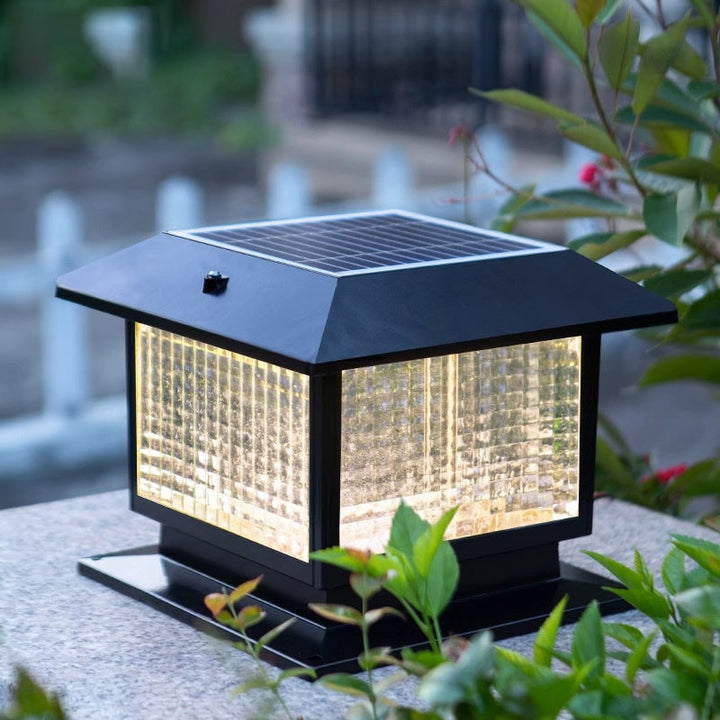 Modern Minimalist Solar Waterproof Rectangular Diamond Stripe Glass Shade Aluminum Frame LED Post Head Light For Garden | Bowlift