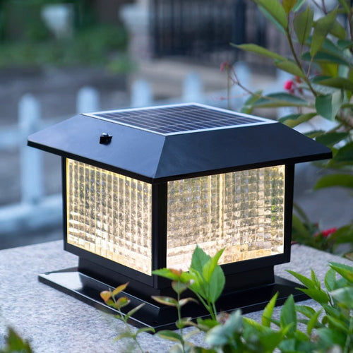 Modern Minimalist Solar Waterproof Rectangular Diamond Stripe Glass Shade Aluminum Frame LED Post Head Light For Garden | Bowlift