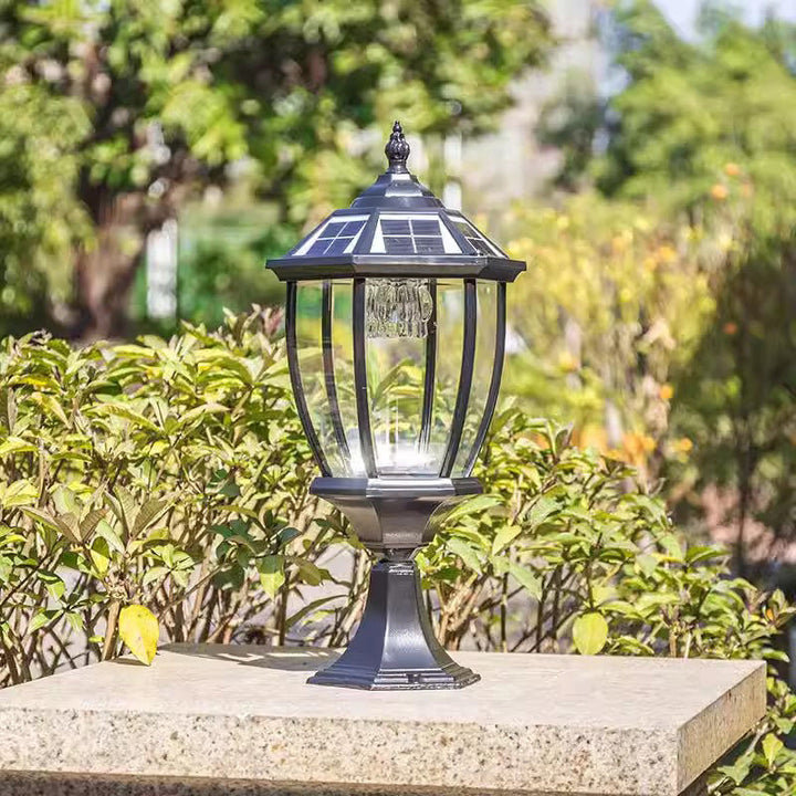 Contemporary Retro Hexagon Aluminum Glass LED Solar Post Head Landscape Light For Garden | Bowlift