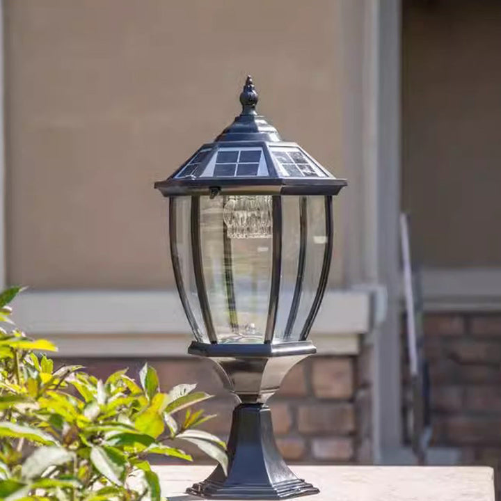 Contemporary Retro Hexagon Aluminum Glass LED Solar Post Head Landscape Light For Garden | Bowlift