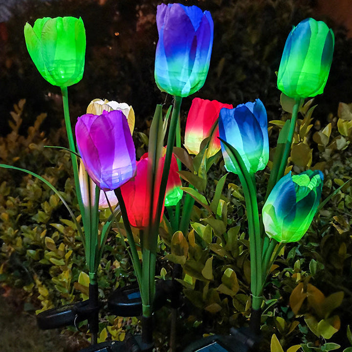 Contemporary Creative Solar Waterproof Faux Tulip Stainless Steel ABS Fabric LED Ground Plug Lawn Landscape Lamp For Outdoor Patio | Bowlift