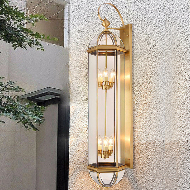 Modern Luxury Waterproof Cylinder Rectangle Half Round Copper Glass 1/3/6 Light Wall Sconce Lamp For Garden | Bowlift