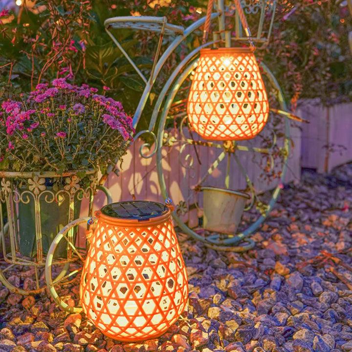 Traditional Chinese Solar Waterproof Oval Round Hollow Mesh ABS LED Outdoor Landscape Light For Garden | Bowlift