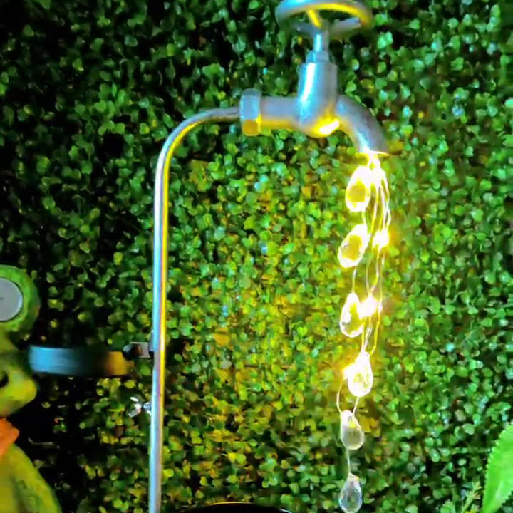 Modern Art Deco Solar Faucet Water Drops Flowing Water Planter Shape Iron LED Outdoor Light For Garden | Bowlift