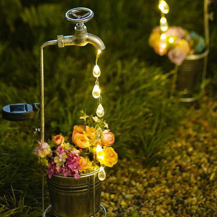 Modern Art Deco Solar Faucet Water Drops Flowing Water Planter Shape Iron LED Outdoor Light For Garden | Bowlift