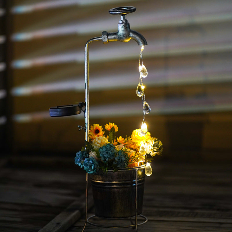 Modern Art Deco Solar Faucet Water Drops Flowing Water Planter Shape Iron LED Outdoor Light For Garden | Bowlift