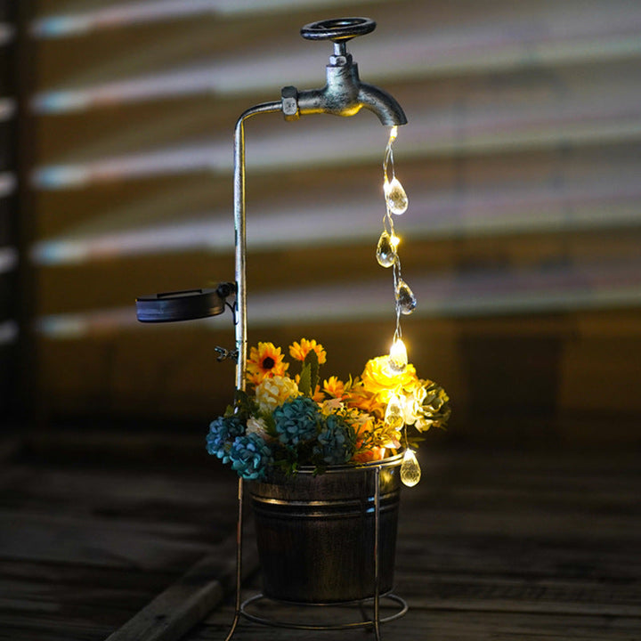 Modern Art Deco Solar Faucet Water Drops Flowing Water Planter Shape Iron LED Outdoor Light For Garden | Bowlift