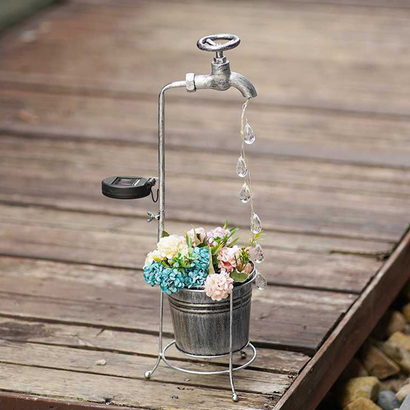 Modern Art Deco Solar Faucet Water Drops Flowing Water Planter Shape Iron LED Outdoor Light For Garden | Bowlift