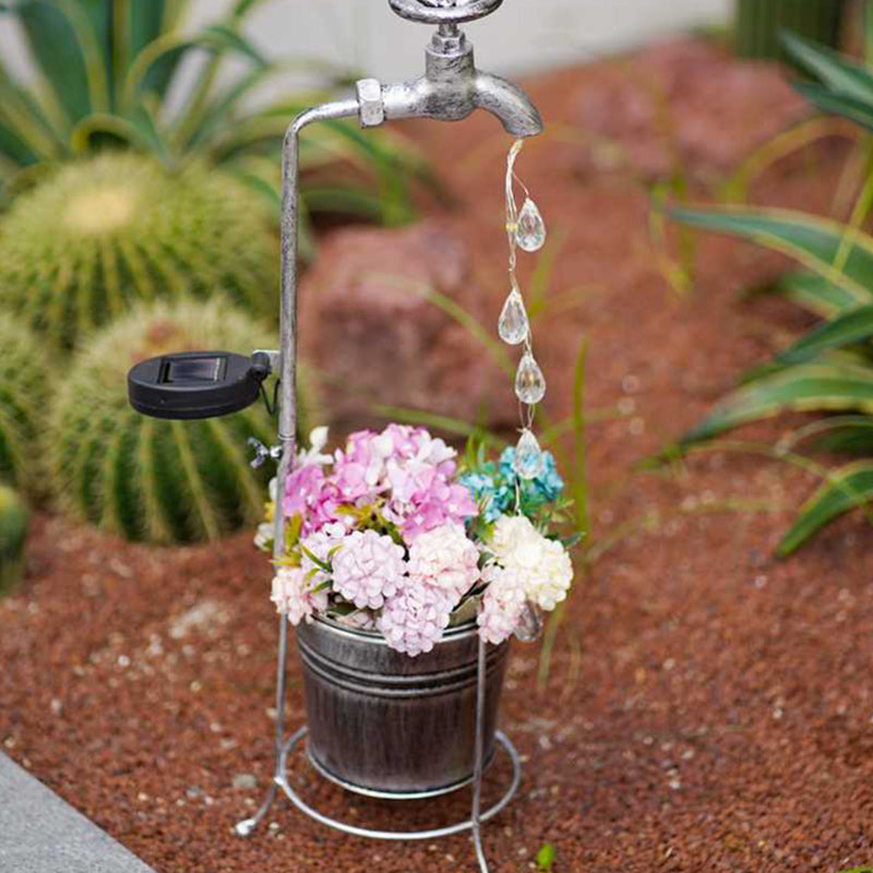 Modern Art Deco Solar Faucet Water Drops Flowing Water Planter Shape Iron LED Outdoor Light For Garden | Bowlift