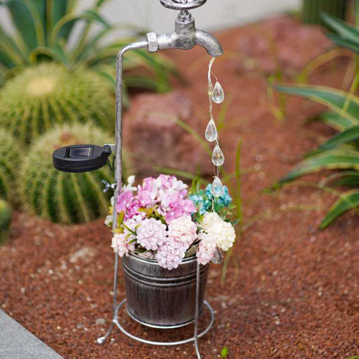 Modern Art Deco Solar Faucet Water Drops Flowing Water Planter Shape Iron LED Outdoor Light For Garden | Bowlift