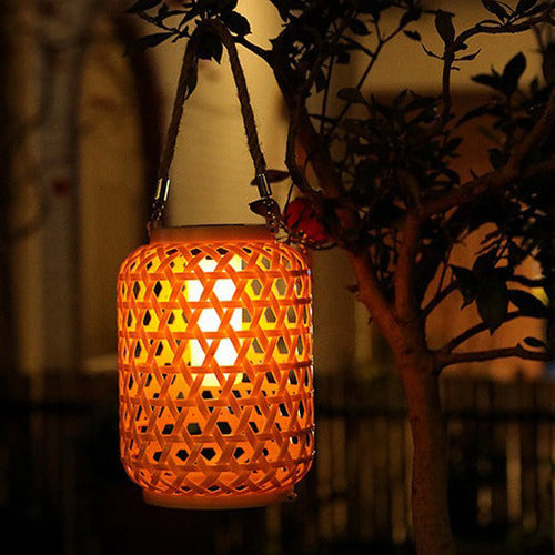 Modern Art Deco Solar Waterproof Imitation Rattan Woven Lantern Cylindrical Plastic LED Outdoor Light For Garden | Bowlift
