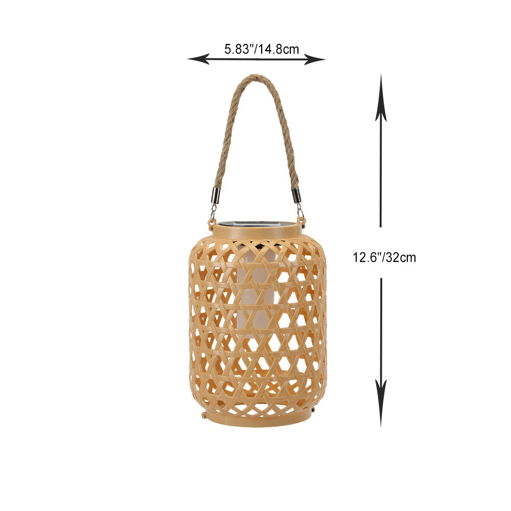 Modern Art Deco Solar Waterproof Imitation Rattan Woven Lantern Cylindrical Plastic LED Outdoor Light For Garden | Bowlift