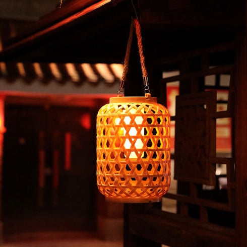 Modern Art Deco Solar Waterproof Imitation Rattan Woven Lantern Cylindrical Plastic LED Outdoor Light For Garden | Bowlift