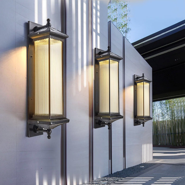Traditional Chinese Waterproof Rectangular Glass Metal 1-Light Wall Sconce Lamp For Outdoor Patio | Bowlift
