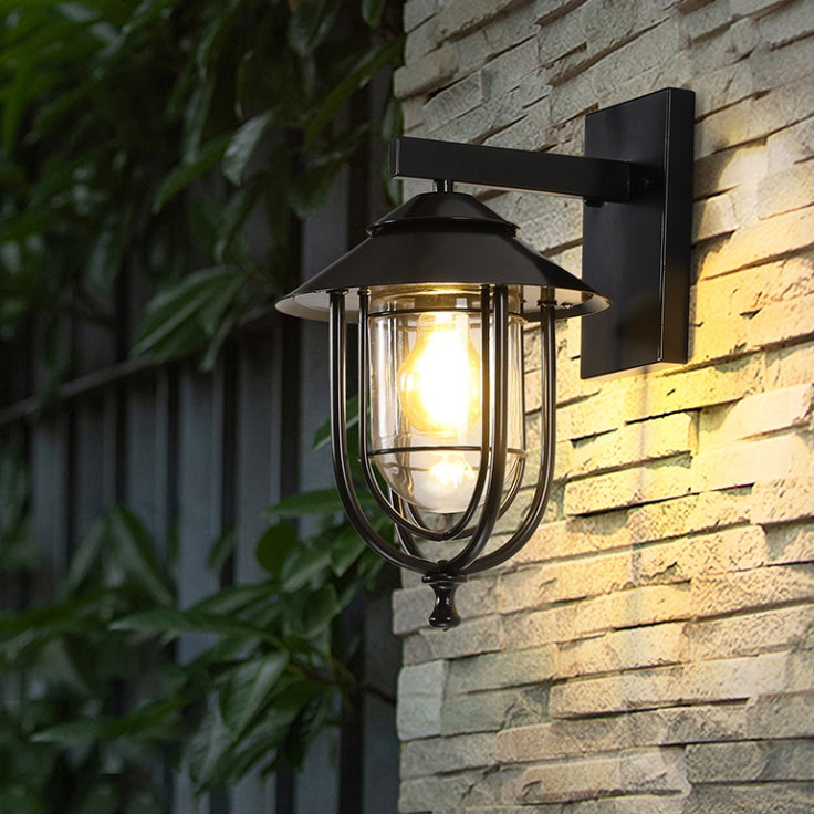 Traditional Vintage Birdcage Iron Glass 1-Light Wall Sconce Lamp For Outdoor Patio | Bowlift