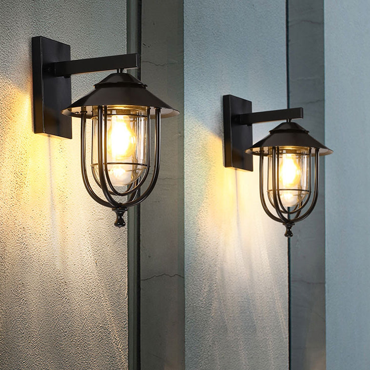 Traditional Vintage Birdcage Iron Glass 1-Light Wall Sconce Lamp For Outdoor Patio | Bowlift