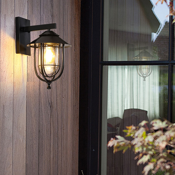 Traditional Vintage Birdcage Iron Glass 1-Light Wall Sconce Lamp For Outdoor Patio | Bowlift
