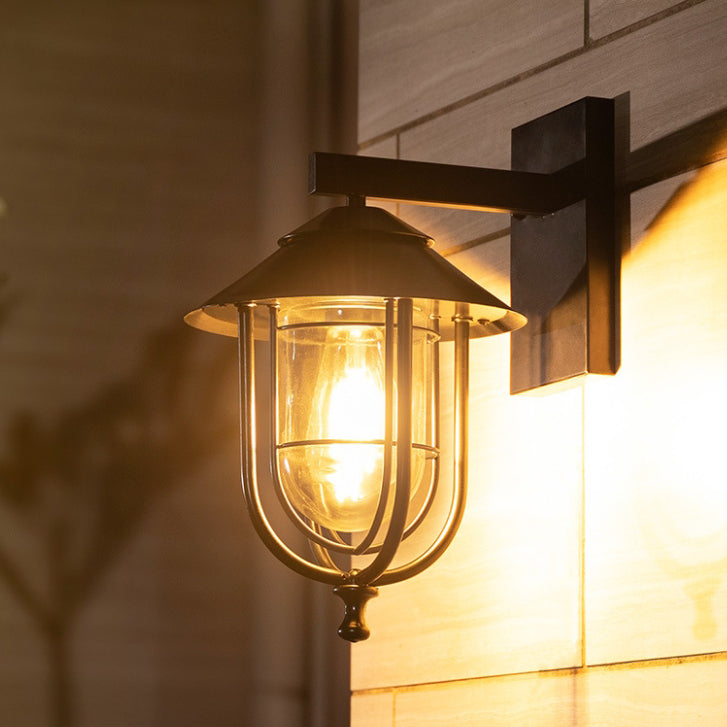 Traditional Vintage Birdcage Iron Glass 1-Light Wall Sconce Lamp For Outdoor Patio | Bowlift